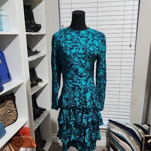 Vintage Maggy London Blue Black Long Sleeve Tiered Dress